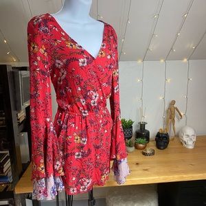 Red Floral bell sleeve romper